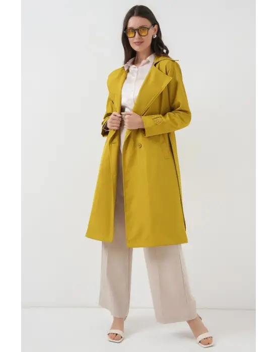 5918 Kruvaze Yaka Trençkot - Yağ Yeşil