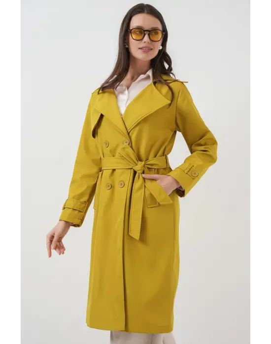 5918 Kruvaze Yaka Trençkot - Yağ Yeşil