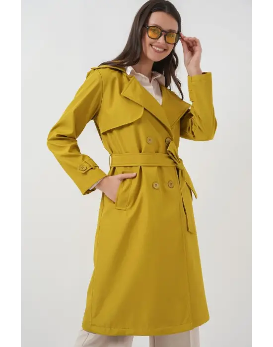 5918 Kruvaze Yaka Trençkot - Yağ Yeşil