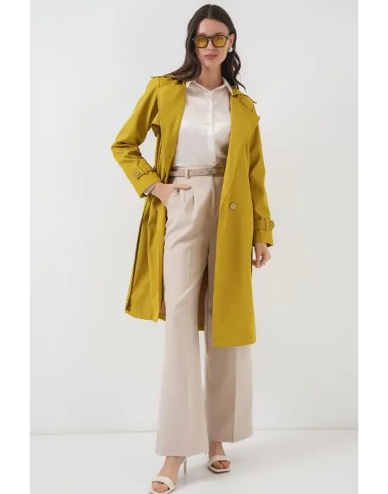 5918 Kruvaze Yaka Trençkot - Yağ Yeşil