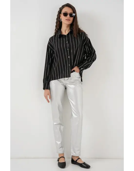 5924 Gümüş Çizgili Gömlek - Siyah