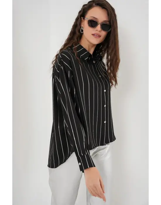 5924 Gümüş Çizgili Gömlek - Siyah