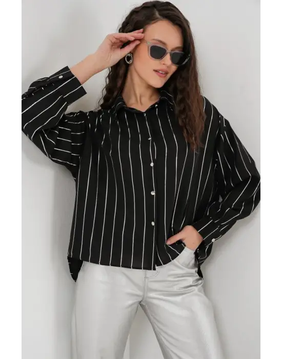 5924 Gümüş Çizgili Gömlek - Siyah