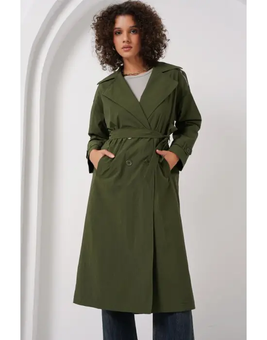 5936 Kruvaze Yaka Trençkot - Haki