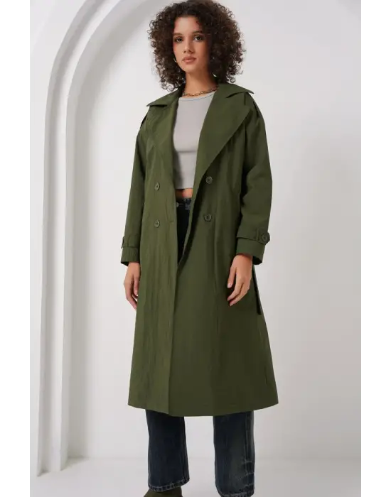 5936 Kruvaze Yaka Trençkot - Haki