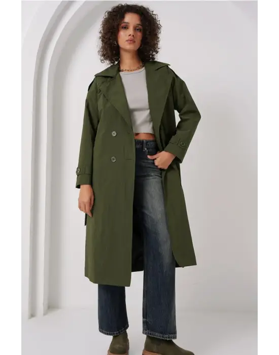 5936 Kruvaze Yaka Trençkot - Haki