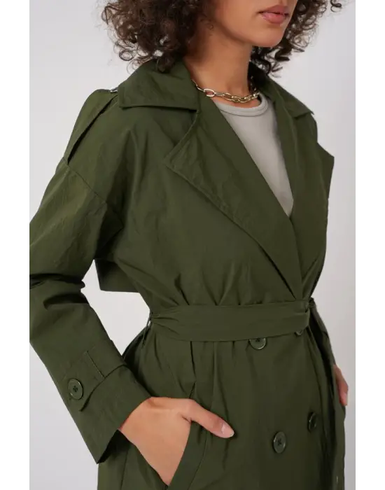 5936 Kruvaze Yaka Trençkot - Haki