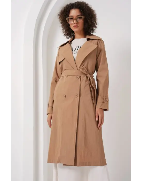 5938 Kruvaze Yaka Trençkot - Camel