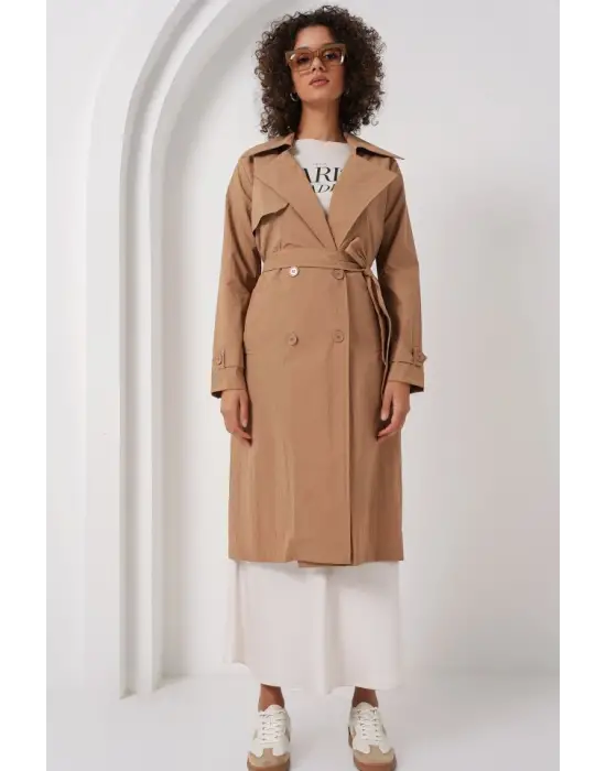 5938 Kruvaze Yaka Trençkot - Camel