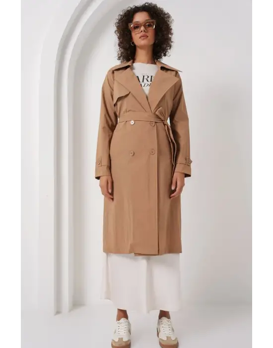 5938 Kruvaze Yaka Trençkot - Camel