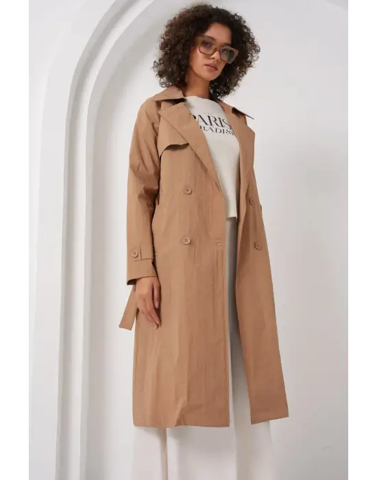 5938 Kruvaze Yaka Trençkot - Camel