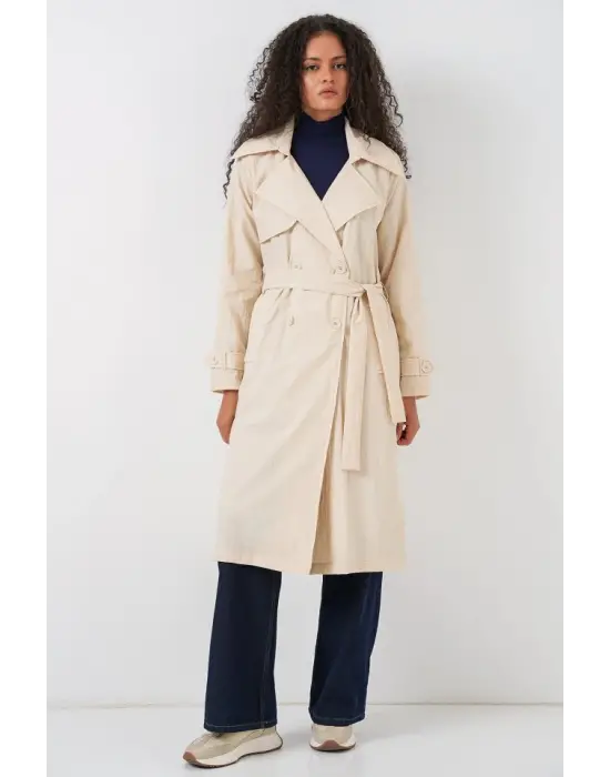 5938 Kruvaze Yaka Trençkot - Krem