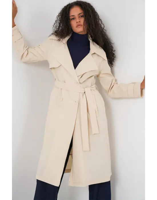 5938 Kruvaze Yaka Trençkot - Krem