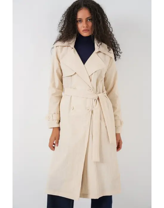 5938 Kruvaze Yaka Trençkot - Krem