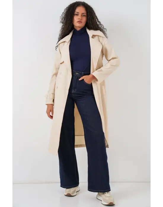 5938 Kruvaze Yaka Trençkot - Krem