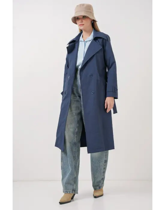 5938 Kruvaze Yaka Trençkot - Lacivert