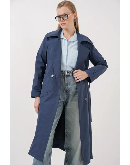 5938 Kruvaze Yaka Trençkot - Lacivert