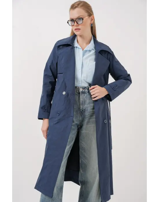 5938 Kruvaze Yaka Trençkot - Lacivert