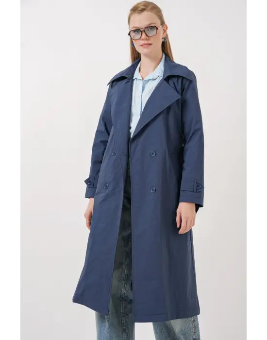 5938 Kruvaze Yaka Trençkot - Lacivert