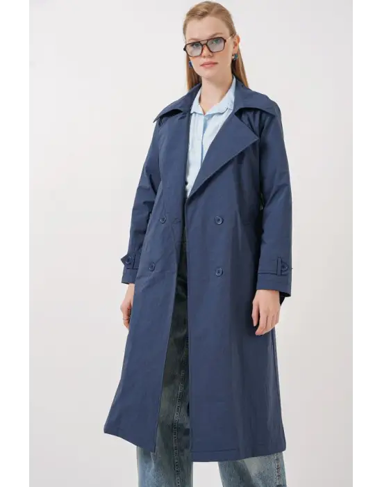 5938 Kruvaze Yaka Trençkot - Lacivert