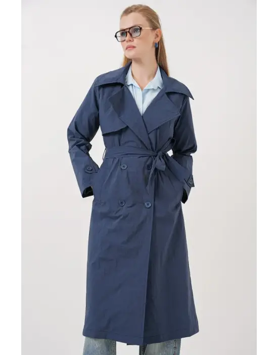5938 Kruvaze Yaka Trençkot - Lacivert