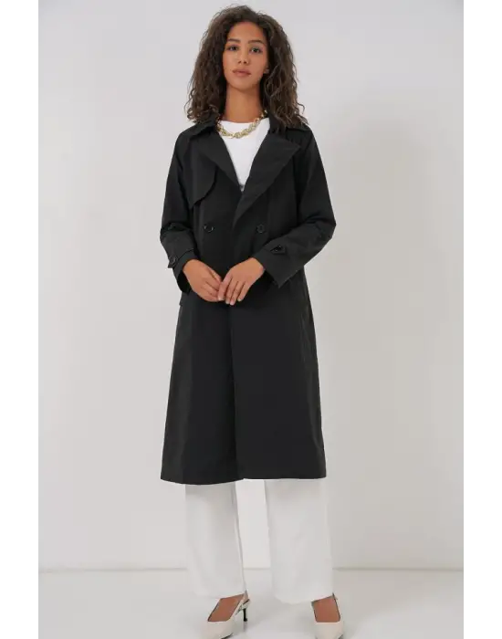 5938 Kruvaze Yaka Trençkot - Siyah