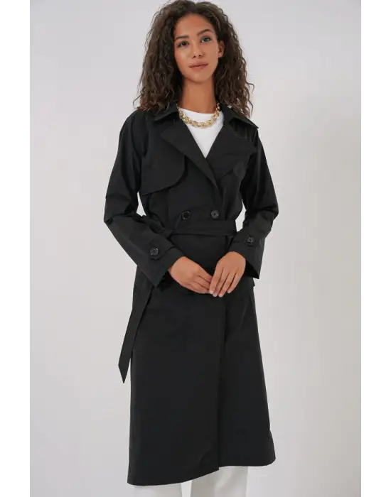 5938 Kruvaze Yaka Trençkot - Siyah