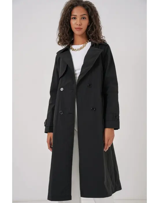5938 Kruvaze Yaka Trençkot - Siyah