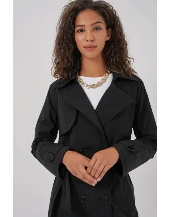 5938 Kruvaze Yaka Trençkot - Siyah