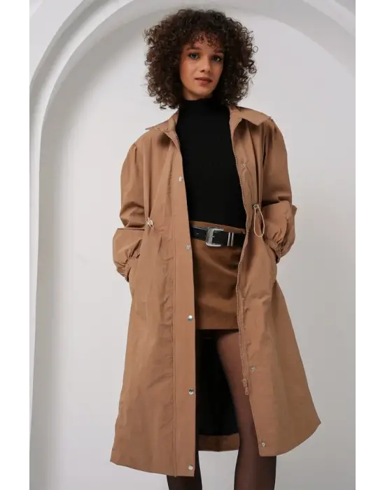 5939 Astarlı Uzun Trençkot - Camel