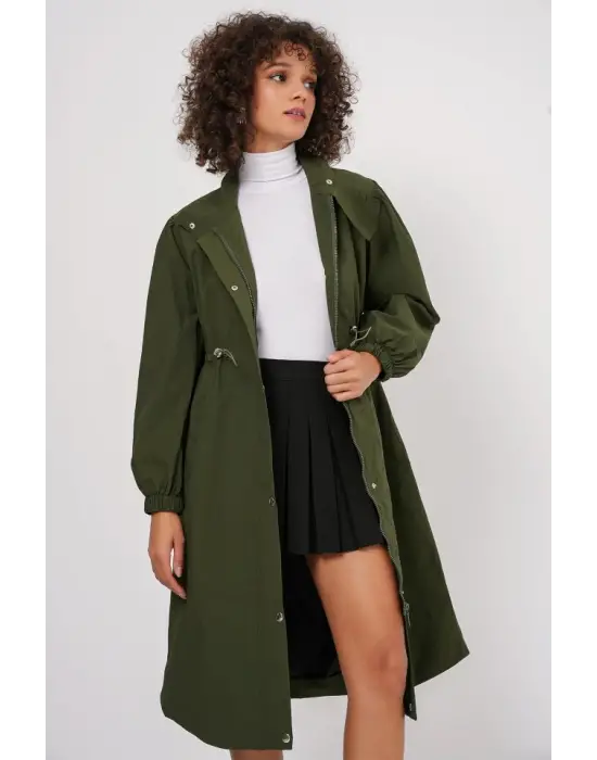 5939 Astarlı Uzun Trençkot - Haki