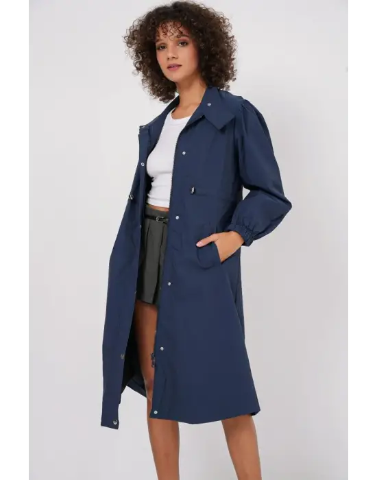 5939 Astarlı Uzun Trençkot - Lacivert