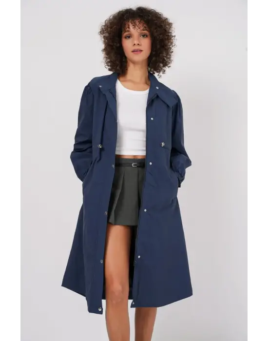 5939 Astarlı Uzun Trençkot - Lacivert