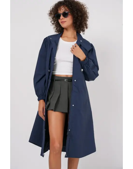 5939 Astarlı Uzun Trençkot - Lacivert