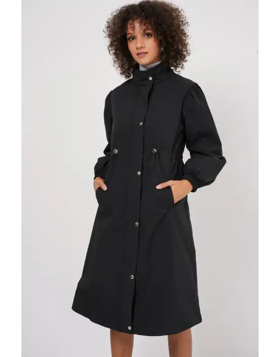 5939 Astarlı Uzun Trençkot - Siyah