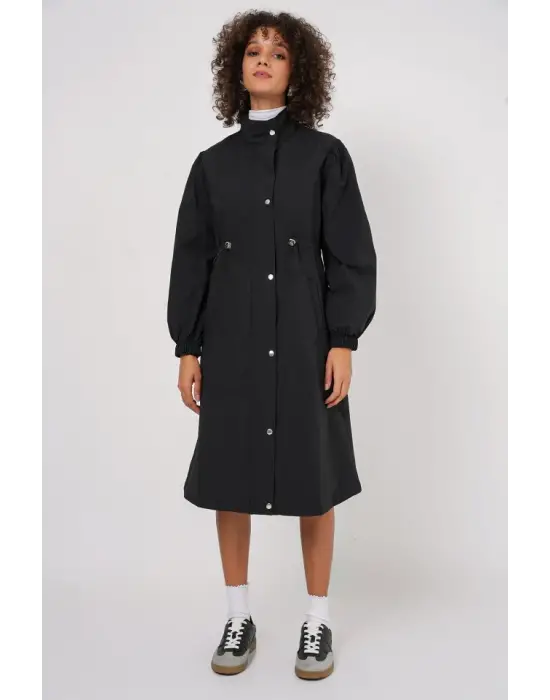 5939 Astarlı Uzun Trençkot - Siyah