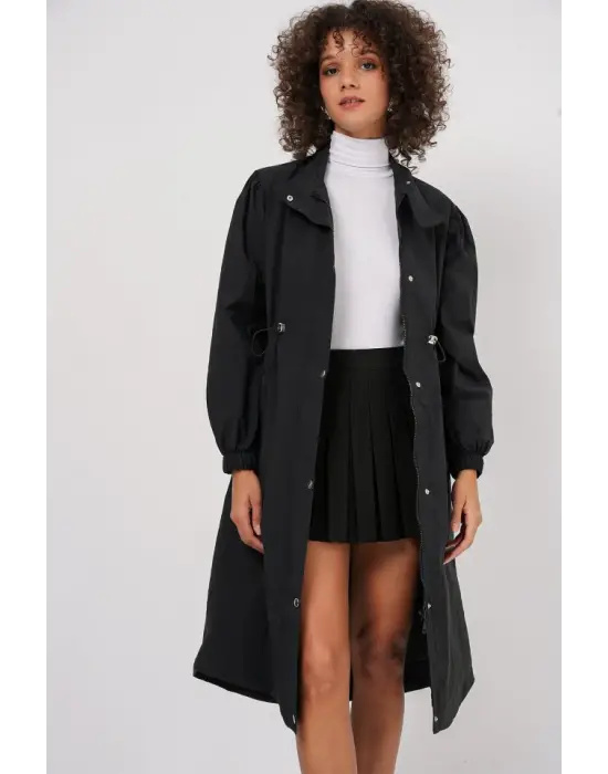 5939 Astarlı Uzun Trençkot - Siyah