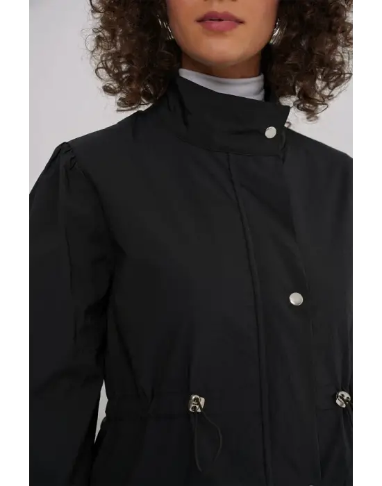 5939 Astarlı Uzun Trençkot - Siyah