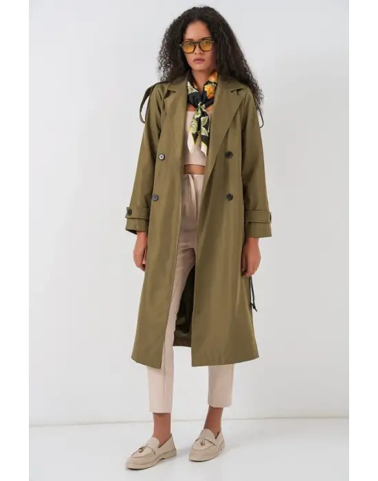 5941 Kruvaze Yaka Uzun Trençkot - Haki