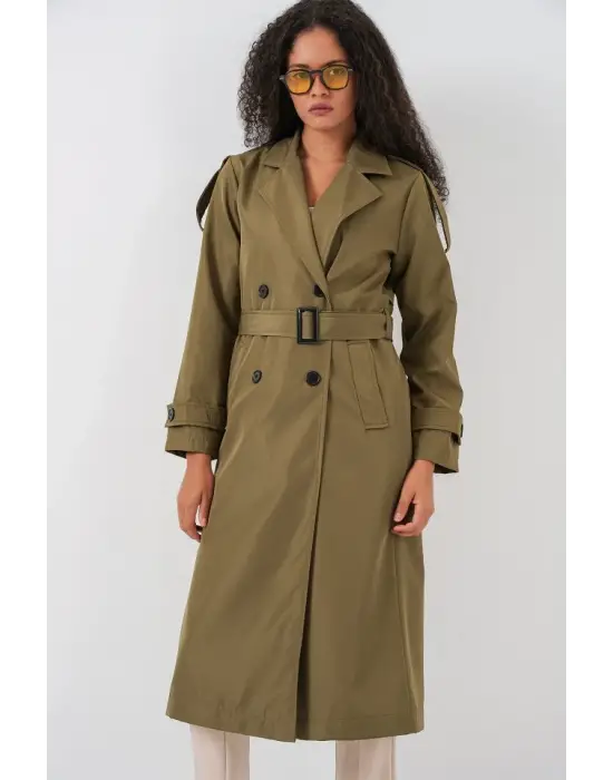 5941 Kruvaze Yaka Uzun Trençkot - Haki
