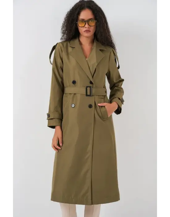 5941 Kruvaze Yaka Uzun Trençkot - Haki