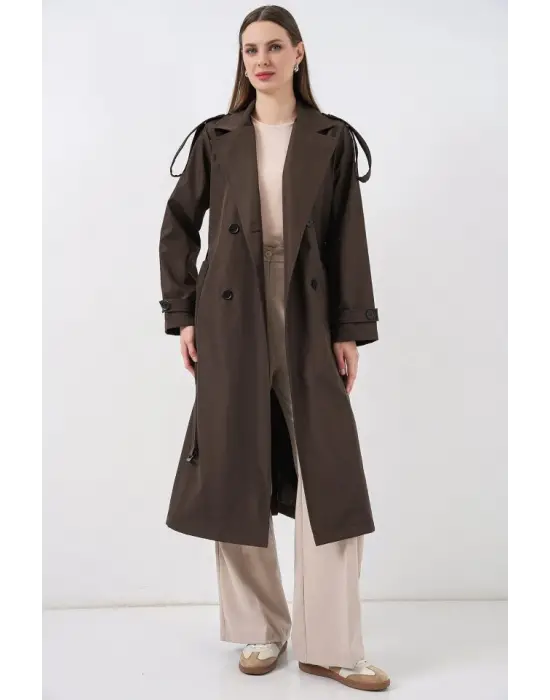 5941 Kruvaze Yaka Uzun Trençkot - Kahverengi
