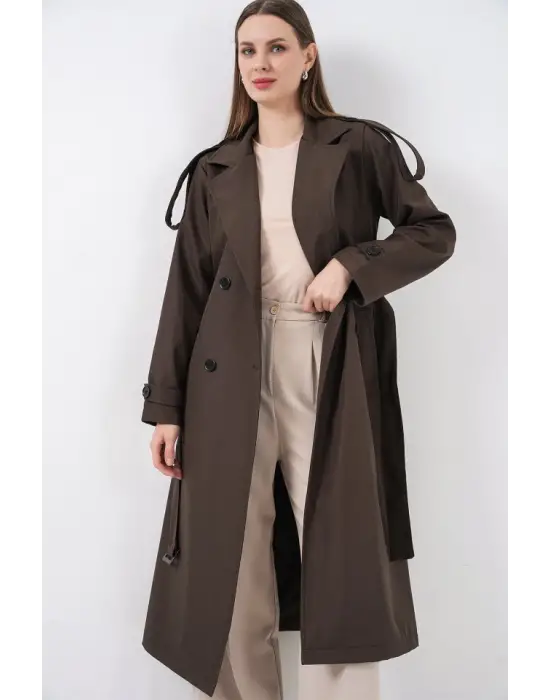 5941 Kruvaze Yaka Uzun Trençkot - Kahverengi