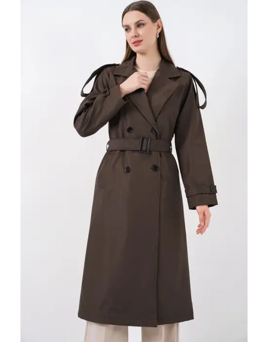 5941 Kruvaze Yaka Uzun Trençkot - Kahverengi