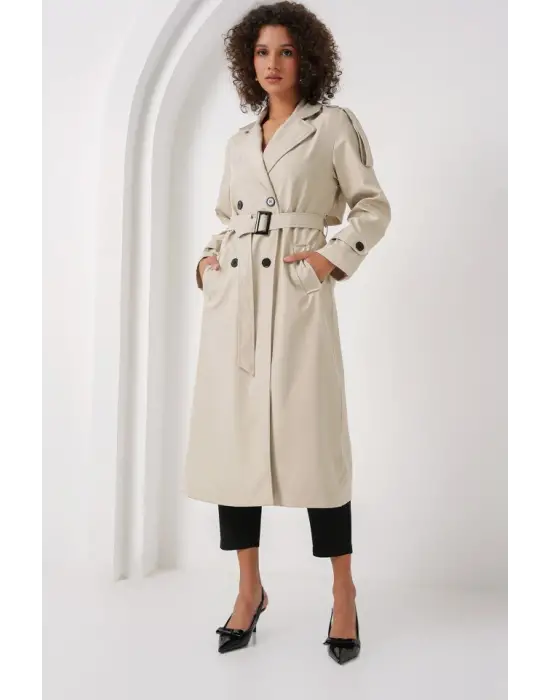 5941 Kruvaze Yaka Uzun Trençkot - Taş