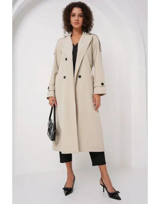 5941 Kruvaze Yaka Uzun Trençkot - Taş