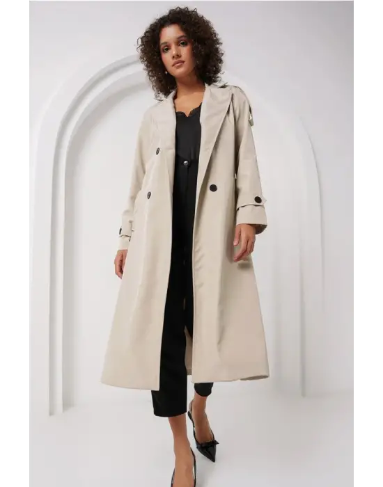 5941 Kruvaze Yaka Uzun Trençkot - Taş