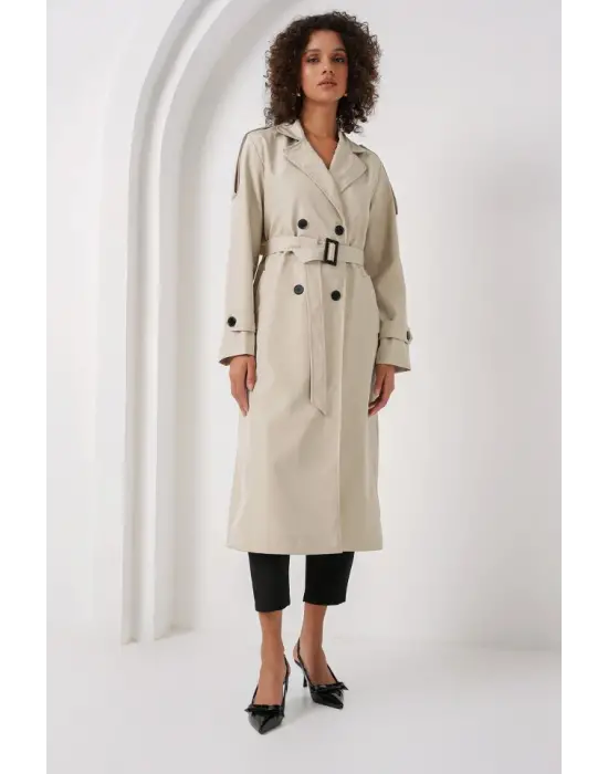 5941 Kruvaze Yaka Uzun Trençkot - Taş