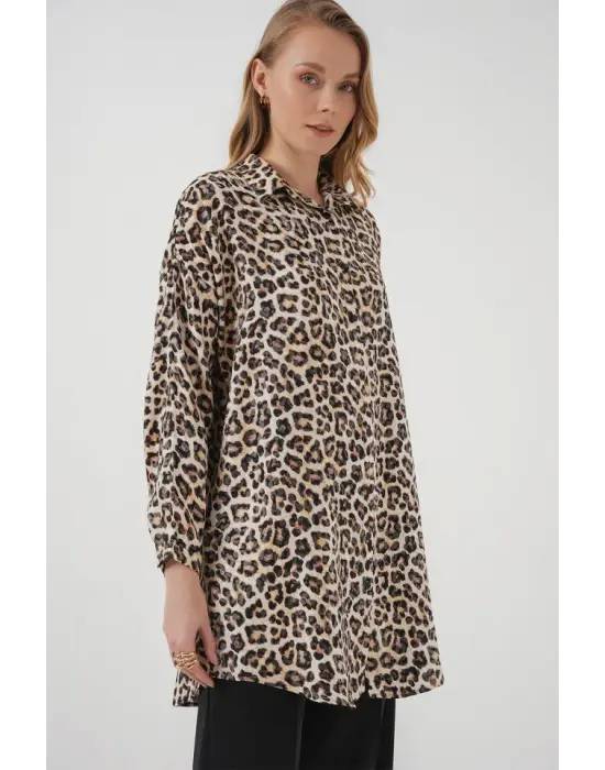 5944 Desenli Uzun Gömlek Tunik - Bej