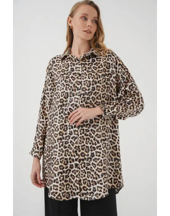 5944 Desenli Uzun Gömlek Tunik - Bej